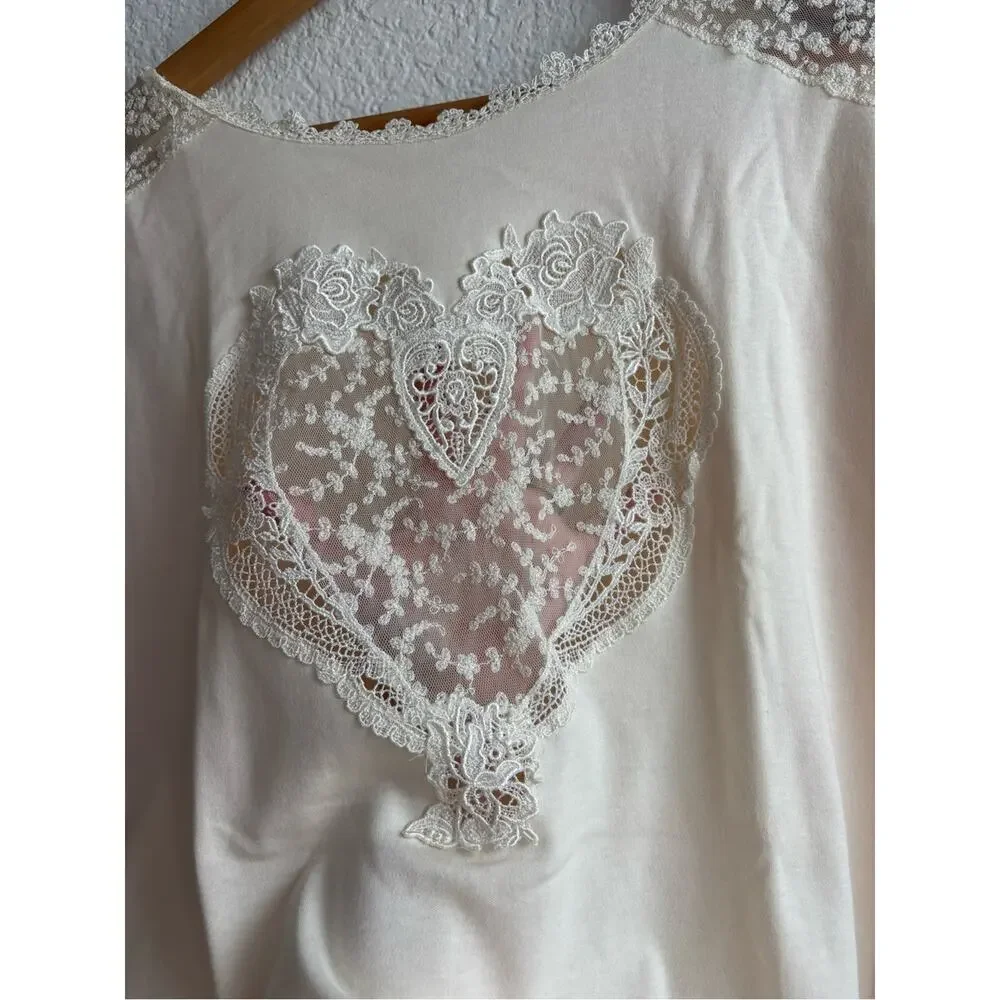 Vintage Verena Cream Lace Heart Nightshirt Night Gown Small